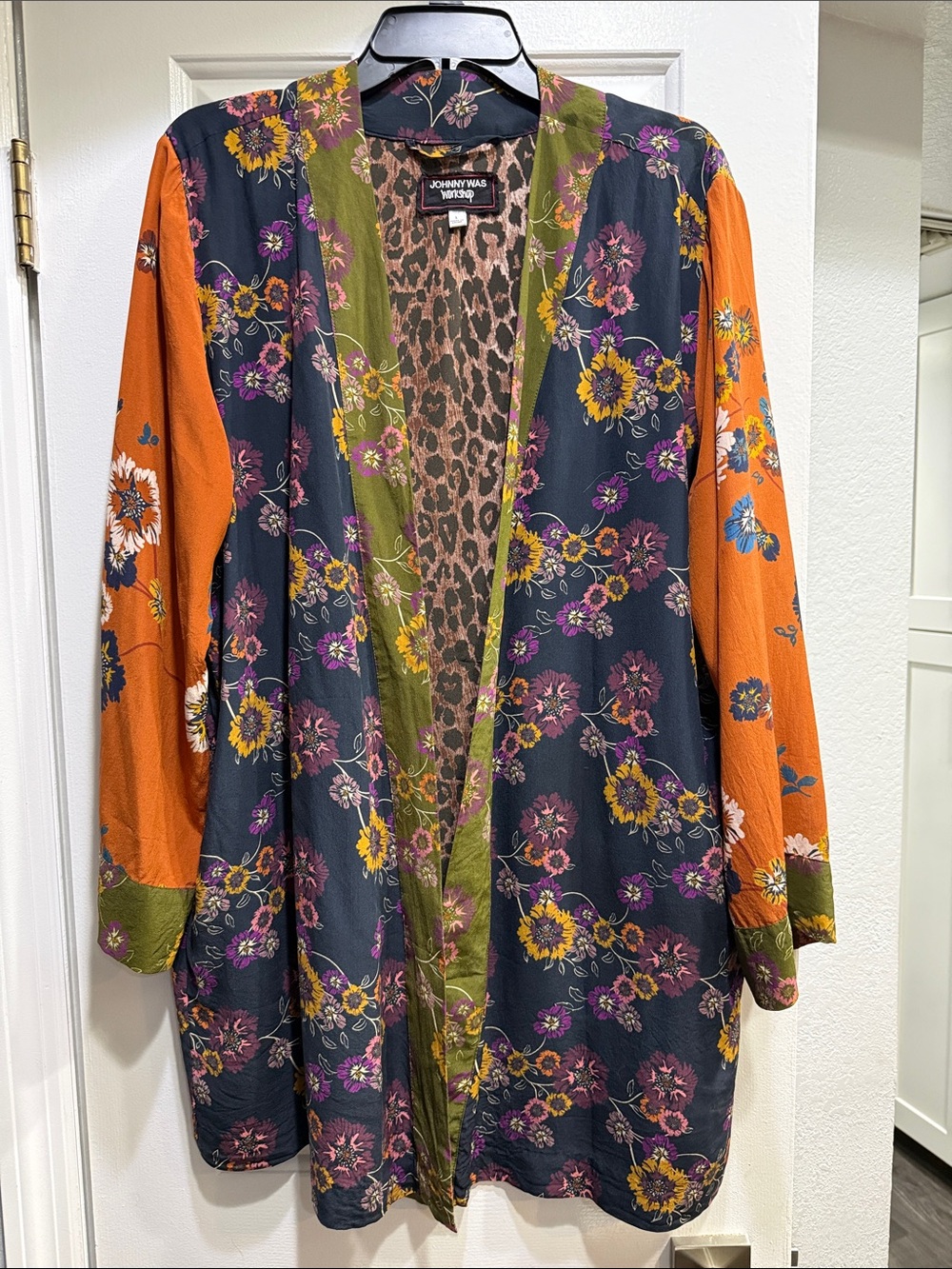 Johnny Was silk Navy Floral Open-Front Kimono with army green and orange